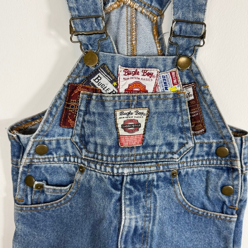 Vintage Bugle Boy Kids Denim Overalls Shorts Blue Patch Bib Size 3T 505-705-2